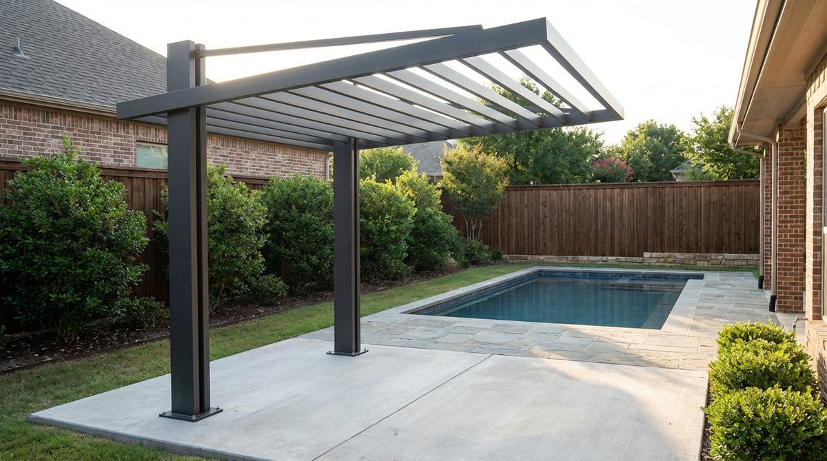 A modern cantilever pergola design with minimal posts, ideal for small gardens. It features rafters suspended from two posts, creating an awning effect that eliminates support columns in high-traffic areas. This configuration is perfect for narrow side yards or pool areas, allowing unobstructed access and freeing up central patio space. Made from lightweight aluminum or steel, it extends up to 4 meters and can be secured with concrete footings or bolted to slabs for stability.