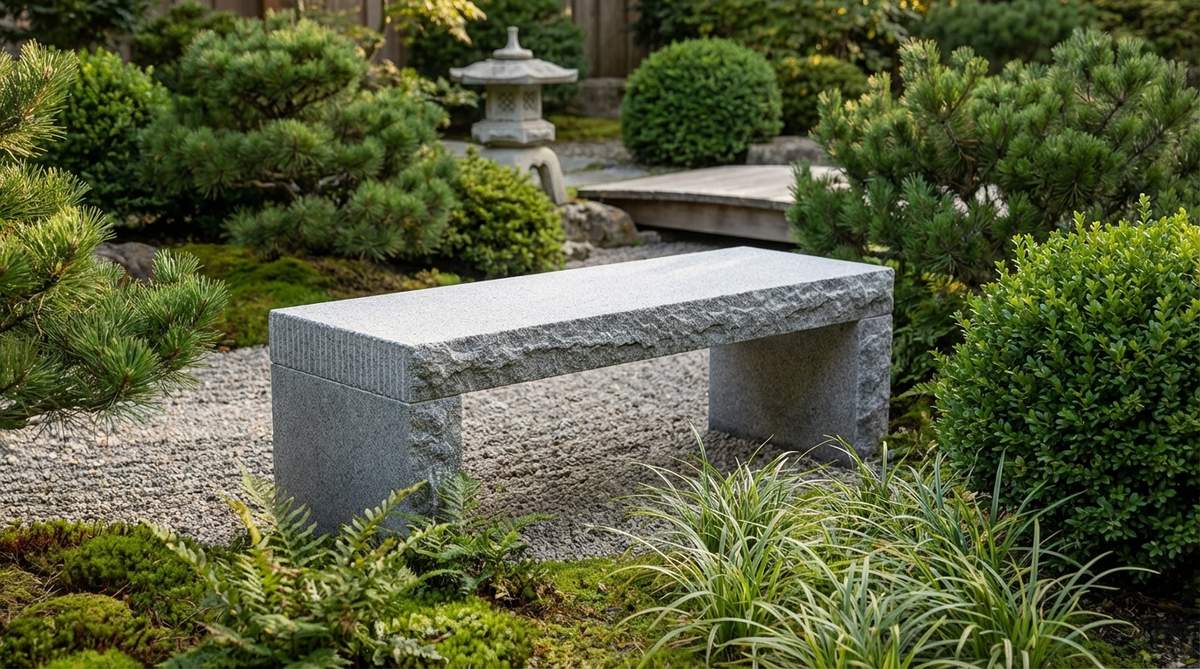A precision-cut granite bench in a Japanese garden, featuring uniform dimensions and subtle chisel marks that highlight its handcrafted origins. Positioned at 38 cm height, it allows for eye-level viewing of gravel patterns and ground-level plantings, complemented by evergreen shrubs that frame its clean geometry.