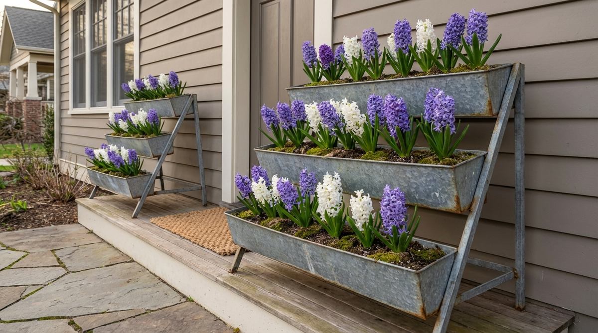 A three-tiered galvanized planter display with purple and white hyacinths, ideal for narrow porches, showcasing vertical stacking and fragrant spring decor.