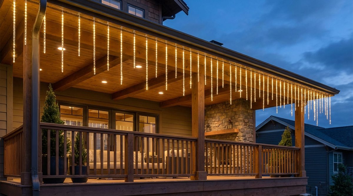 Vertical LED icicle lights mounted along a balcony railing, creating shimmering light streams that resemble frozen winter drips. The installation shows proper mounting with clips spaced every twelve inches to prevent sagging, with varying strand lengths creating natural, irregular patterns. Perfect for covered balconies where the ceiling edge provides clean mounting surfaces.