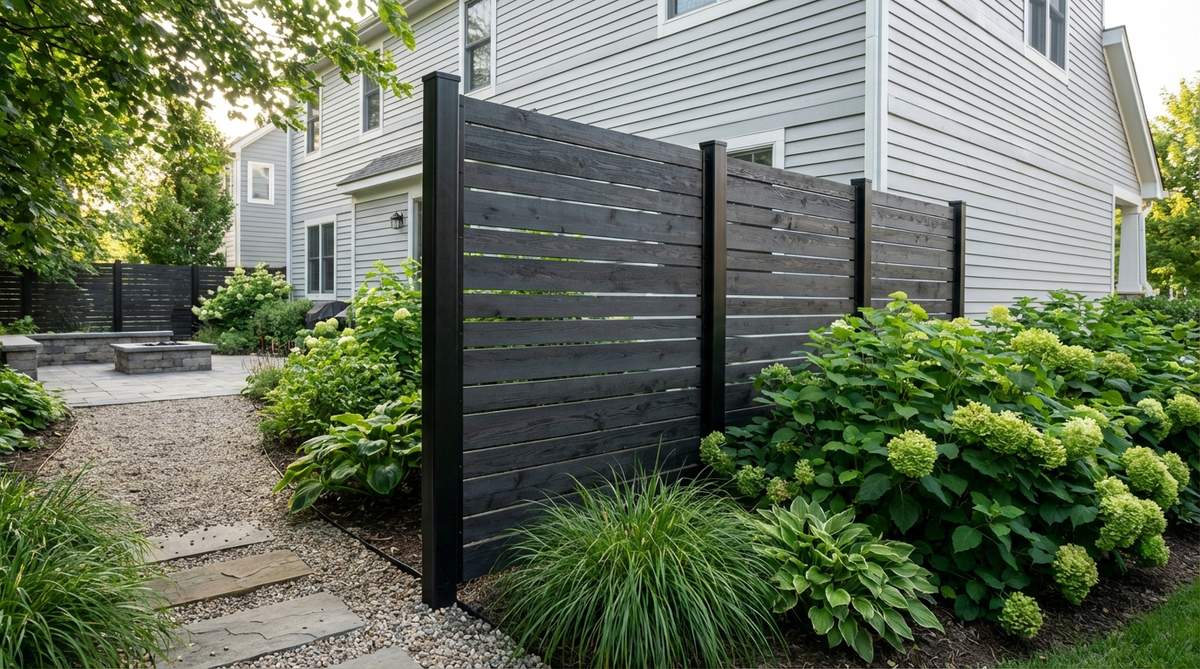 A modern garden fence featuring dark charcoal-stained horizontal slats that create dramatic contrast against light-colored homes and green plantings. The horizontal boards are pressure-treated lumber with exterior-grade stain applied in two coats, paired with steel posts for an industrial-chic landscape aesthetic. This dark palette helps the fence recede into the background while hiding dirt and weathering better than lighter tones.