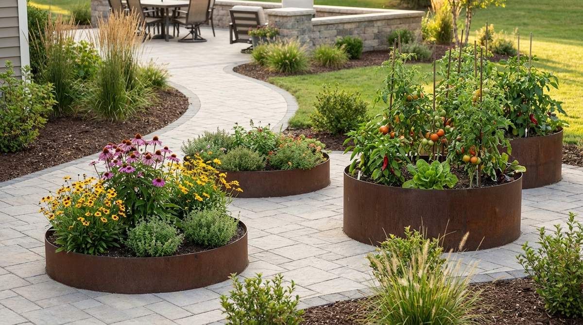 A modern garden featuring circular metal accent beds, 42 inches in diameter, with organic curves that soften hardscaped areas. These beds, available in heights of 17 or 32 inches, add sculptural presence to linear designs and serve as focal points at pathway intersections or corners, accommodating flowering plants and vegetables like tomatoes.