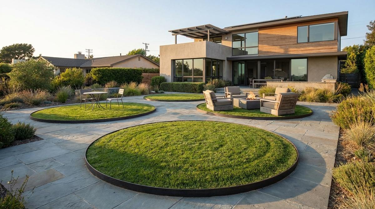 A modern garden featuring circular lawn medallions with precise geometric edges. Perfect circles of turf are surrounded by contrasting steel or stone edging, creating organized central elements that provide visual relief against rectangular architecture. The design demonstrates how circular lawns can serve as gathering spaces and visual anchors in contemporary landscape design.