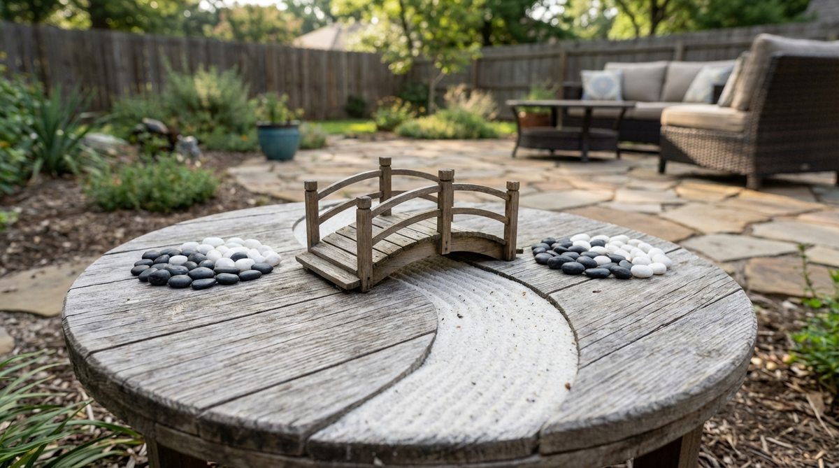 A 9-inch diameter wooden meditation platform featuring a curved miniature bridge spanning a sand river, with black and white stones creating yin-yang balance. This rotating zen garden encourages contemplation of life's transitions through weekly perspective changes.