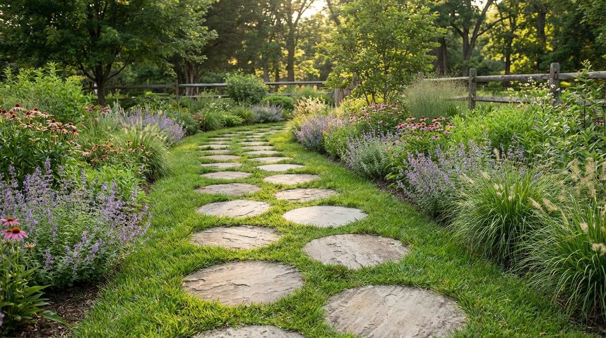 A garden pathway featuring circular stepping stones arranged with natural spacing, creating a relaxed and organic feel. The round stones, approximately 18 inches in diameter, are placed 20-22 inches apart to accommodate comfortable adult strides, with slight variations in size enhancing the natural aesthetic. This design softens formal garden elements, complements curved planting beds, and allows grass to remain dominant, making it ideal for cottage-style or meadow gardens.