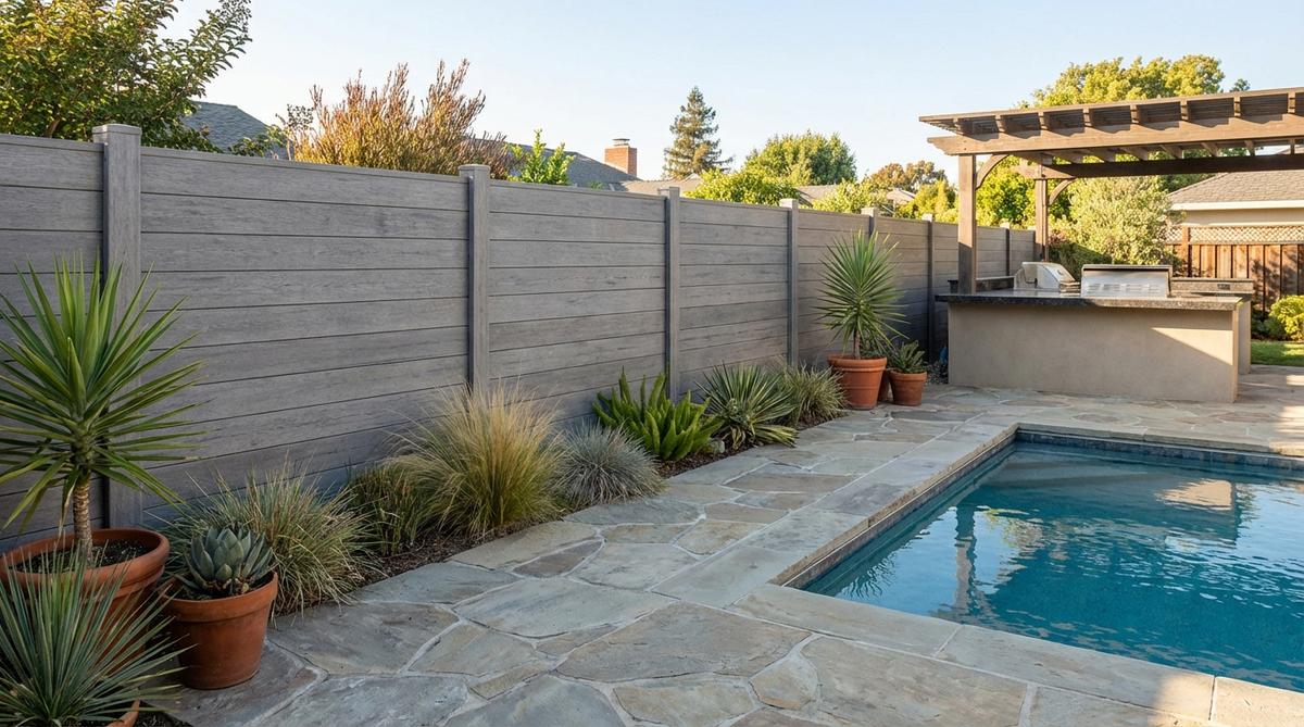 A durable composite privacy screen made from recycled materials, ideal for garden fences in hot climates like Texas and Florida. Features solid panels that resist warping, insects, and UV degradation, providing maximum privacy without maintenance. Available in gray tones for stone patios or warm browns for wooden decks, perfect for pool enclosures and long-lasting garden decor.