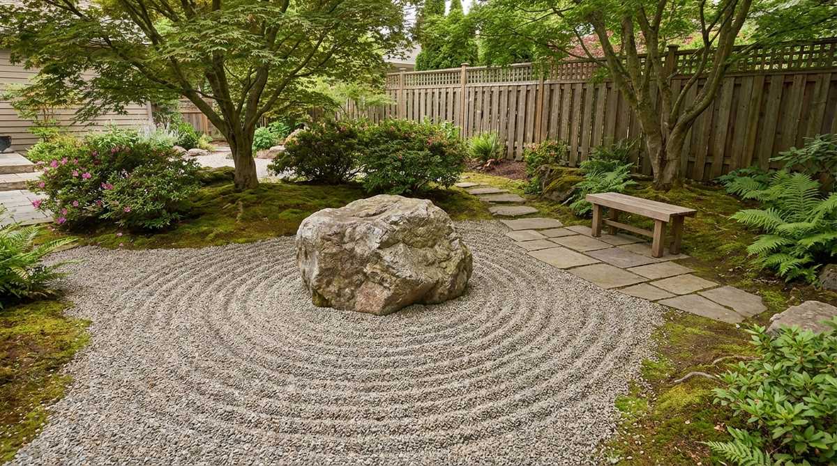 Japanese garden meditation zone featuring gravel raked in precise concentric circles around a central weathered boulder, creating ripple-like patterns that symbolize tranquility and mindfulness in traditional garden design.
