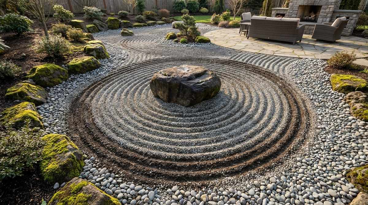 A zen garden feature showing circular patterns radiating outward from a central stone, mimicking raindrops hitting a pond surface with hypnotic visual rhythm created by evenly spaced rings increasing in diameter.