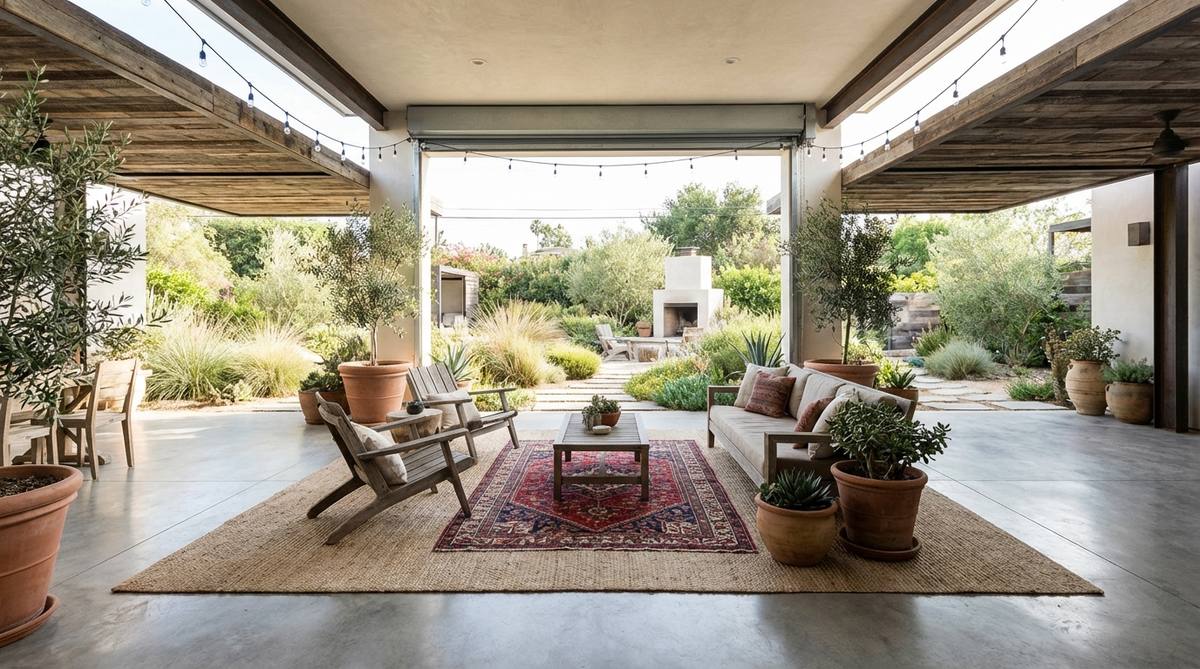 A polished concrete floor in an industrial boho setting, featuring a layered rug arrangement with a large neutral jute or sisal base rug topped by a colorful vintage Turkish or Persian rug, creating warmth, texture, and defined seating zones in an open loft space.