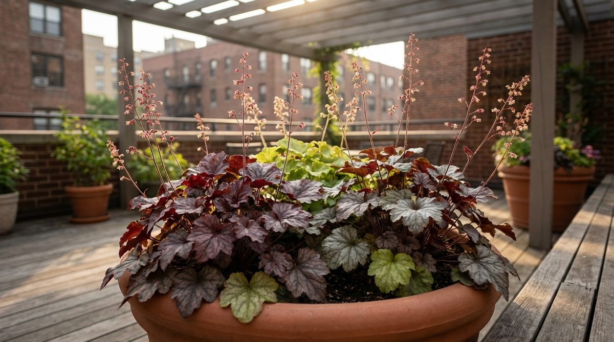 A close-up photo of Coral Bells (Heuchera) showcasing its year-round burgundy, silver, and lime ruffled foliage forming compact mounds. The plant is positioned in partial shade with morning light enhancing the metallic leaf tones, ideal for urban balconies in zones 4-9. Delicate flower stalks add vertical interest without wind vulnerability, demonstrating its suitability for container culture on balconies.