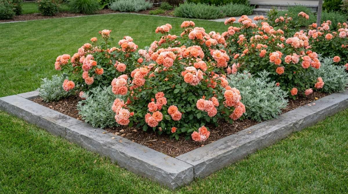 A close-up image of Coral Drift rose, showcasing its peachy-coral double blooms in dense clusters on a compact, 18-inch mounding shrub. The rose is planted along a contemporary raised bed edge, illustrating its use in defining geometric planting zones and softening transitions between hardscape and lawn areas. The plant is paired with silver-foliaged perennials like artemisia for color contrast, highlighting its disease resistance to powdery mildew, rust, and black spot, and its low-maintenance requirements with no spraying and minimal pruning.