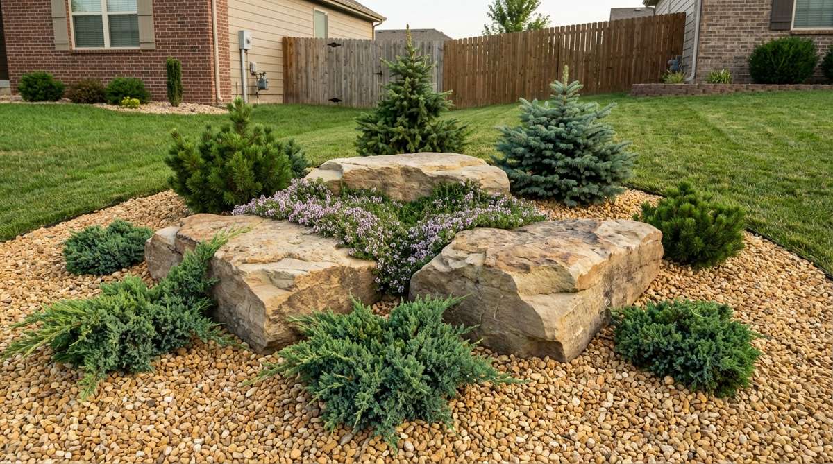 A small garden rockery transforming an unused corner with natural slope into a focal point. Three to five anchor stones arranged in a triangular pattern surrounded by dwarf conifers and creeping thyme, with pea gravel top-dressing for weed suppression and drainage.