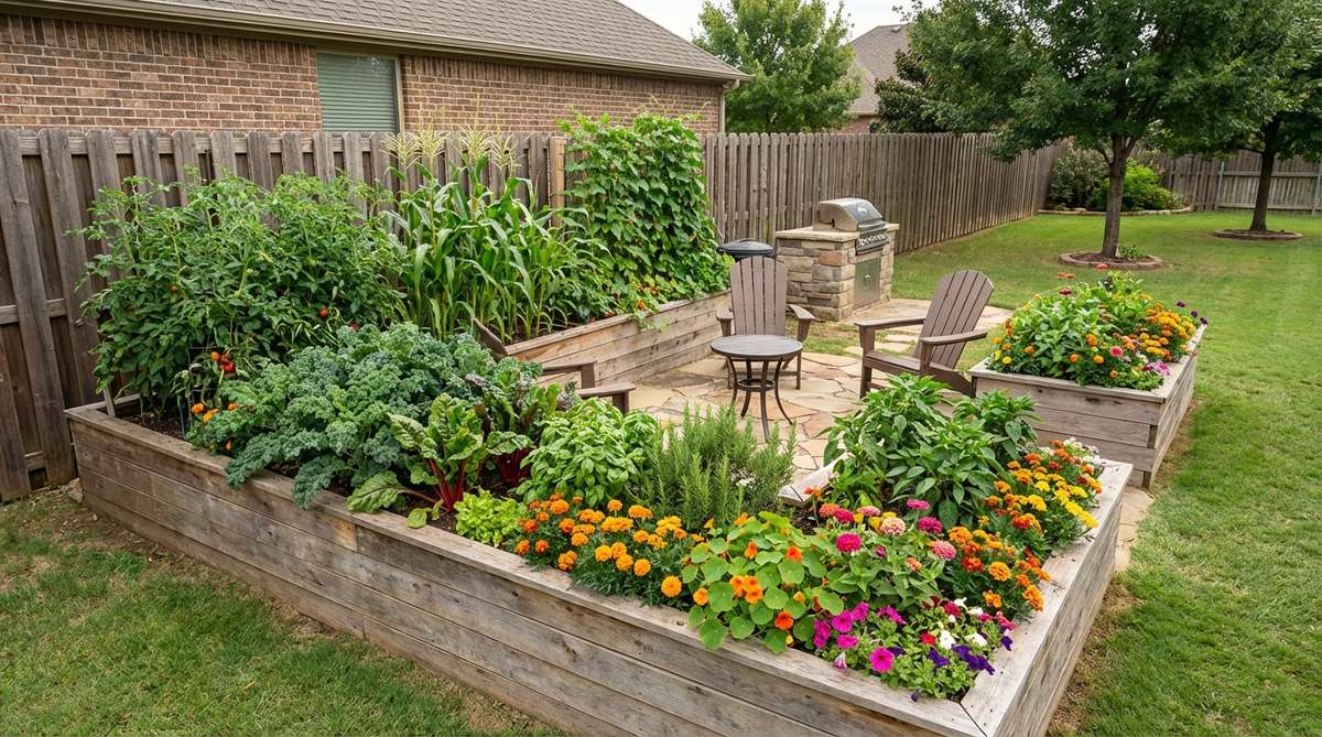 An L-shaped raised bed in a backyard corner, wrapping two walls with leafy greens, peppers, and colorful flowers, framing a compact sitting area or grill. The design features layered planting with tall crops at the back, mid-height herbs in the middle, and low flowers at the front, maximizing production in a small space.