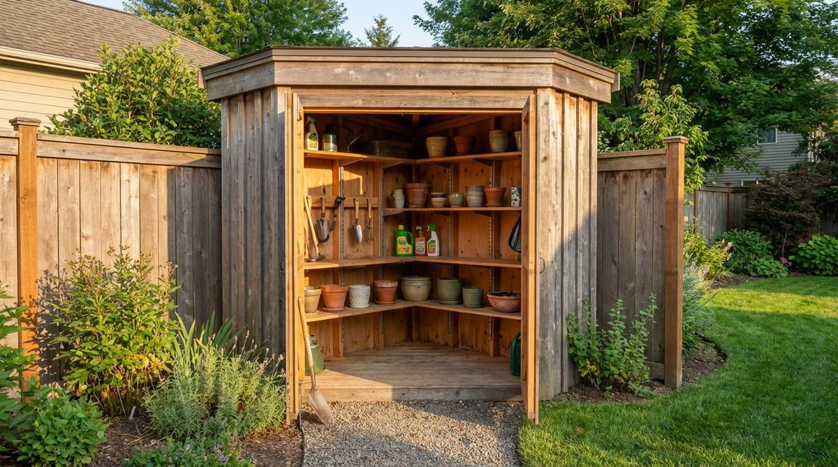 A triangular corner wedge shed tucked into a garden fence corner, featuring custom shelving along angled walls with adjustable brackets holding gardening tools, pots, and chemicals. The shed maximizes storage capacity while keeping walkways clear and preserving central garden space.
