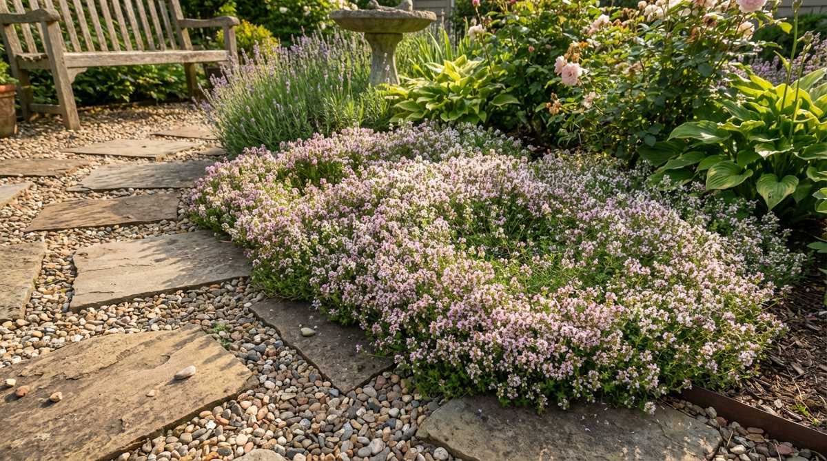 A close-up image showing creeping thyme spilling onto a pathway in a small garden cottage setting. The low-growing mat of thyme, with tiny pink or white flowers, creates a soft transition between pavers or gravel paths and planted beds, ideal for cramped spaces where it tolerates foot traffic and releases fragrance when brushed.