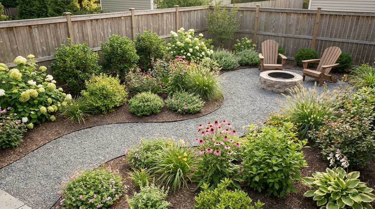 A small garden featuring sinuous planting borders with gentle S-curves, replacing straight lawn edges. Gravel or mulched paths snake between the curved beds, creating flowing lines that obscure sightlines and enhance the sense of space.