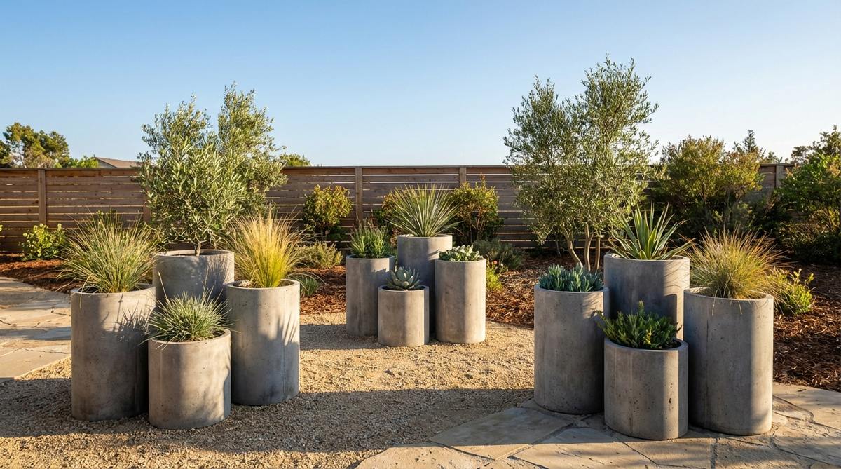 Industrial elegance meets minimalist landscape design with raw concrete cylinders in varying heights. These cylindrical concrete vessels feature natural grey tones and subtle texture that complement contemporary gardens without competing for attention. Perfect for creating balanced asymmetry when grouped in odd-numbered clusters with single-species plant arrangements.