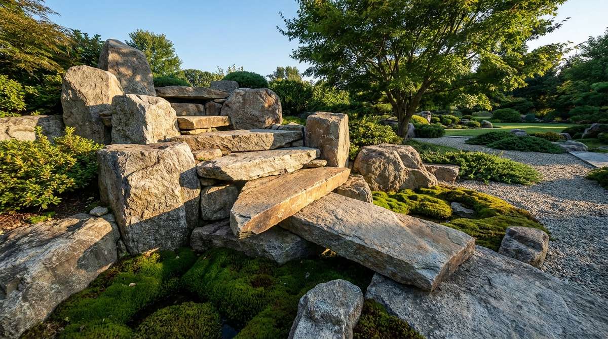 A vertical stone arrangement in the Daisen-in Temple dry waterfall, showcasing the kare-taki technique with granite rocks stacked in a stairway formation to create the illusion of cascading water. The composition features angled flat stones that catch light differently throughout the day, surrounded by natural moss patches representing pools at the waterfall's base, evoking the dynamic energy of water in a Japanese Zen garden.