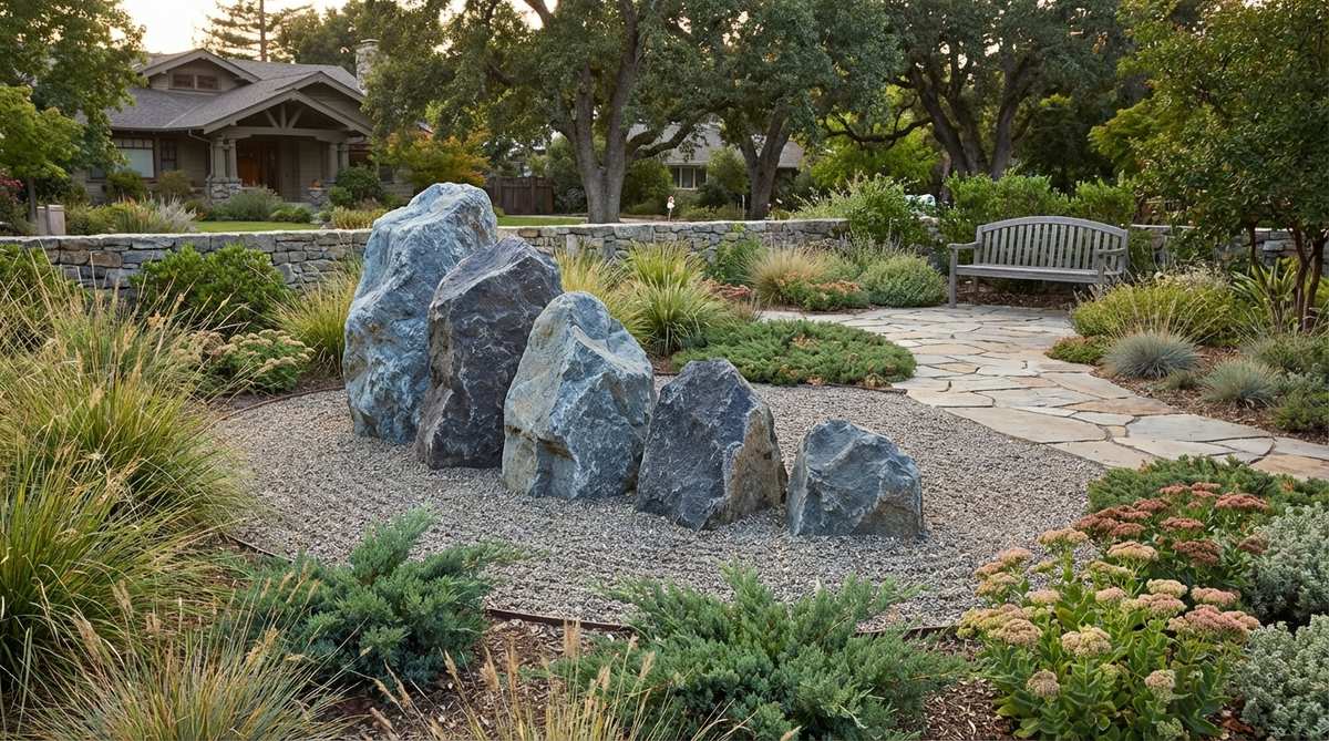 A serene arrangement of five progressively shorter boulders in blue-gray or charcoal granite, placed along a gentle curve to mimic a receding mountain range, enhancing depth and perspective in a zen garden.