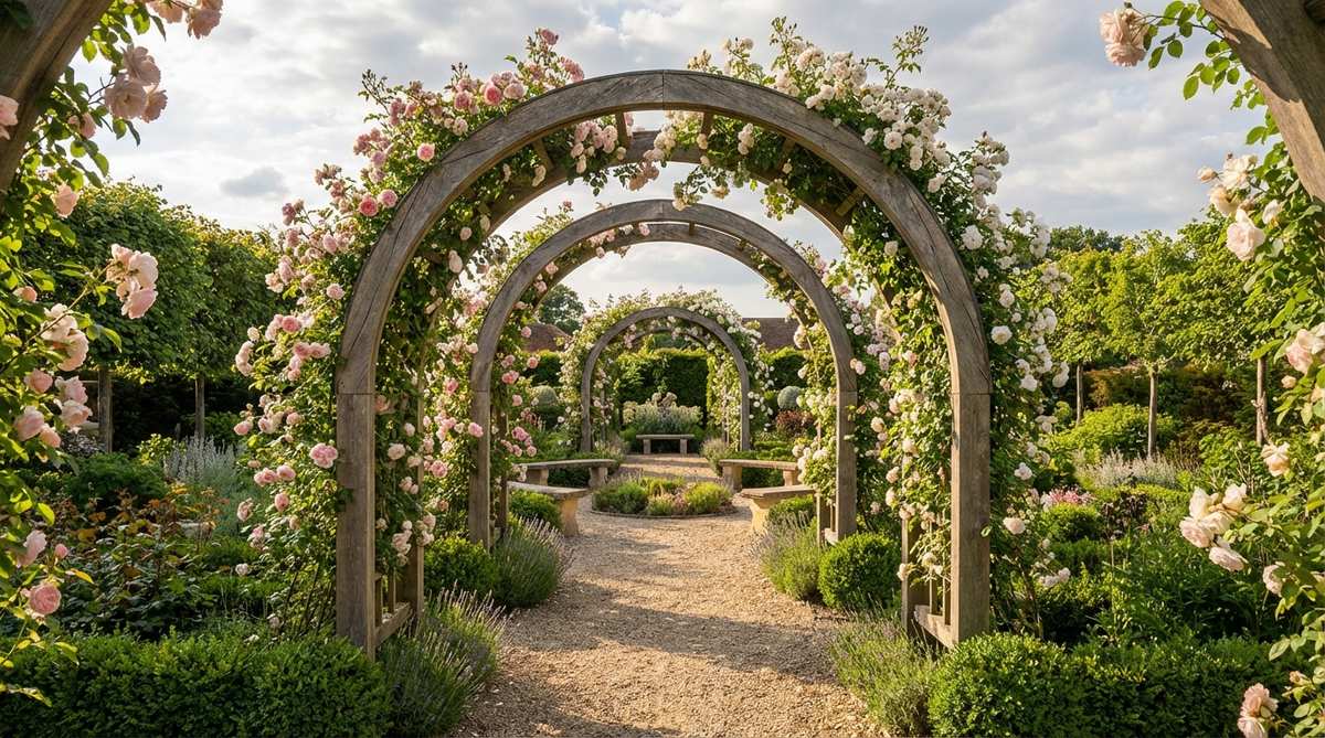 A garden corridor featuring sequential double arches spaced 6-8 feet apart, creating a tunnel effect with roses cascading overhead. The design guides visitors through distinct garden rooms, with blooms in alternating colors or a uniform variety for visual flow.