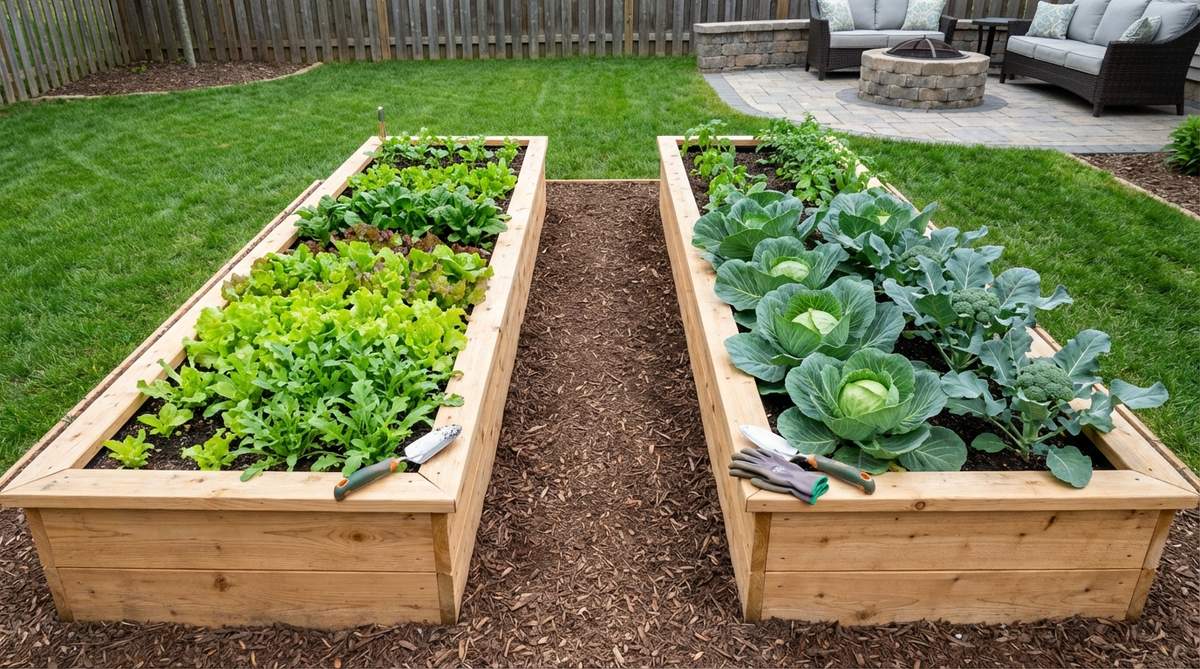 A diagram showing a 3x12-foot raised garden bed arranged in two parallel planting rows, illustrating maximum edge access for harvesting. One row features quick-growing salad greens, while the other contains slower crops like cabbage or broccoli, highlighting succession planting efficiency in garden design.