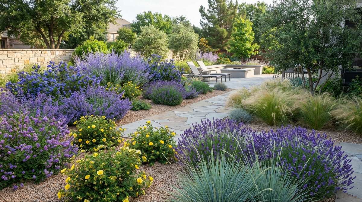 A contemporary garden design featuring drought-tolerant layered borders with Rock Rose, California Lilac, English Lavender, and ornamental grasses like Mexican Feather Grass and Blue Oat Grass, arranged in strategic heights for depth and air circulation, mulched with gravel for moisture retention.