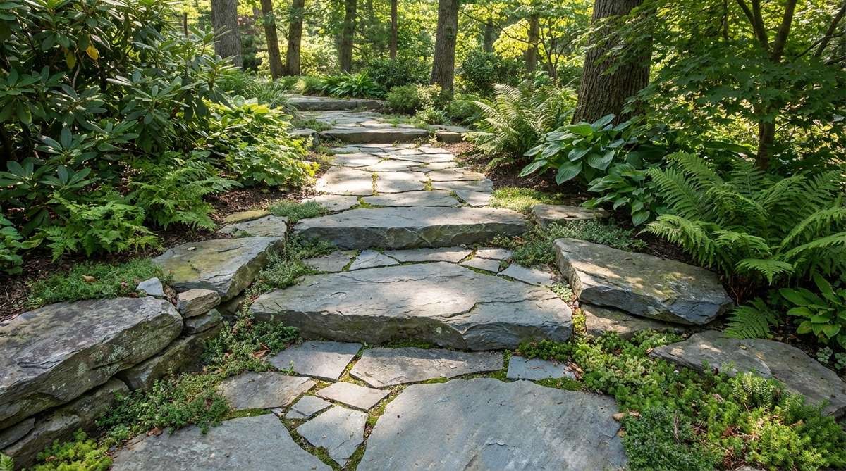 A close-up view of a dry-laid bluestone informal trail in a garden, showcasing the natural cleft finish of Pennsylvania bluestone with its subtle blue-gray tones. The irregular pattern creates a sophisticated yet approachable pathway, with larger pieces serving as primary stepping areas and smaller fragments filling the gaps. The stone's thermal properties make it comfortable underfoot even in summer heat, and its muted palette complements shaded garden settings without competing with colorful plantings.