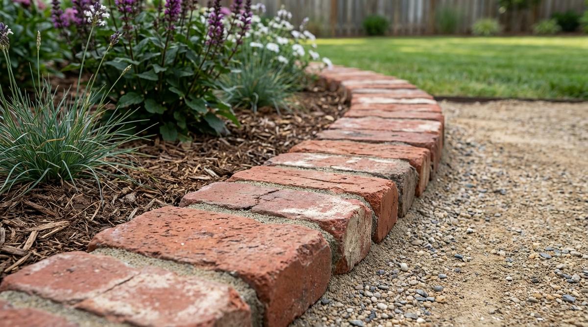A close-up view of dry-lay horizontal brick edging in a garden border, showing bricks set end-to-end on a compacted base with polymeric sand joints, illustrating a flexible and mortar-free installation method that adapts to ground movement and allows easy adjustments.