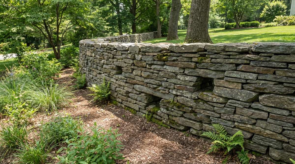 A traditional dry-stacked stone wall constructed without mortar, showcasing centuries-old masonry techniques with flat-faced stones stacked in overlapping patterns. The gravity-based construction allows for natural drainage and provides habitat for beneficial insects and pollinators through the gaps between stones.