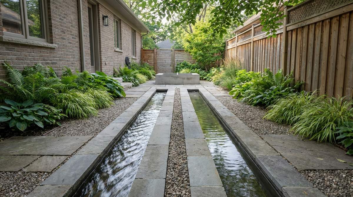 A modern garden fountain featuring two narrow parallel channels with water flowing at different velocities, creating a rhythmic visual effect. The design reflects surrounding plantings and is ideal for narrow spaces like side yards or entries, with a hidden single-pump system.