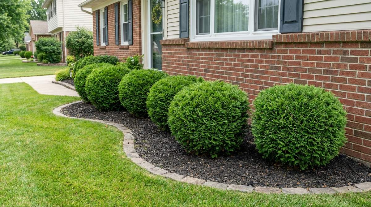 A close-up photo showing a neatly trimmed dwarf evergreen hedge, likely globe arborvitae or dwarf boxwood, planted along the foundation of a house in a small front garden. The compact shrubs create defined borders that soften the building's hard lines while maintaining tidy forms without constant pruning. The image illustrates proper spacing of 18-24 inches from the foundation to allow for mature growth and adequate air circulation.