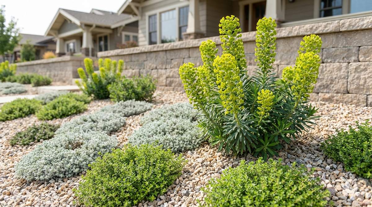 A gravel garden bed featuring Mediterranean spurge (Euphorbia characias subsp. wulfenii) with dramatic chartreuse flower columns surrounded by creeping thyme varieties including woolly thyme and lemon thyme. The euphorbia provides architectural height while thyme fills gaps between gravel, releasing fragrance when walked upon. This drought-tolerant combination requires minimal maintenance with only annual deadheading.