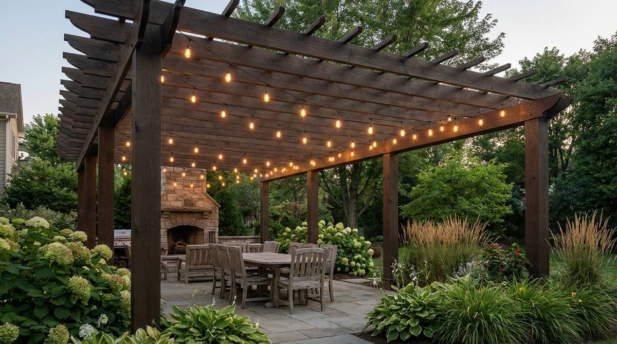 Commercial-grade festoon lights draped along the edges of a pergola, creating a defined ceiling plane with consistent spacing between bulbs and slight catenary curves for organic movement.
