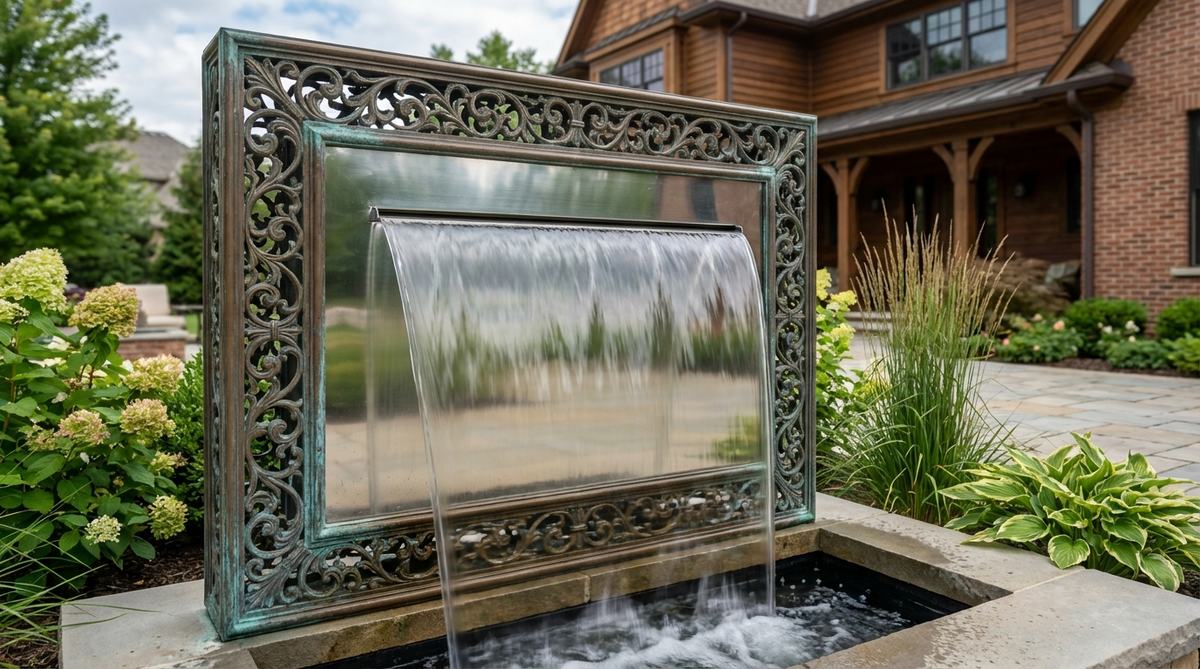 A contemporary garden fountain featuring a filigree bronze frame with a mirror-polished steel water surface, blending traditional metalwork with modern water flow. The design bridges classic and modern styles, suitable for gardens transitioning aesthetics, with water flowing over the steel and the bronze developing a natural patina over time.