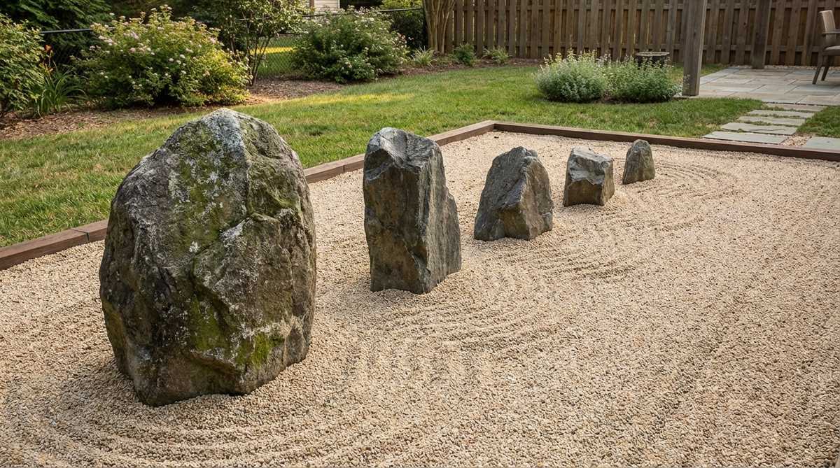 A Japanese stone garden composition featuring five rocks of graduated heights arranged to mimic a mountain range receding into the distance. The largest stone is positioned at one end, tapering down to the smallest to create perspective and depth, with each stone buried one-third into the ground for visual anchoring. Rocks are set at varying angles to mirror natural geological formations, and raked gravel between them represents clouds or mist enveloping mountain peaks, ideal for rectangular spaces to guide viewer movement.