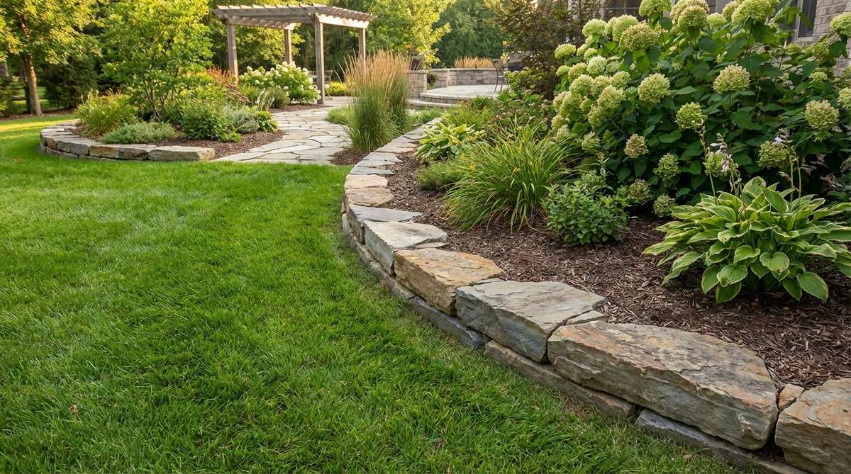 Irregular flagstone pieces laid end-to-end to create rustic garden borders with natural cleft textures and stable mowing edges.