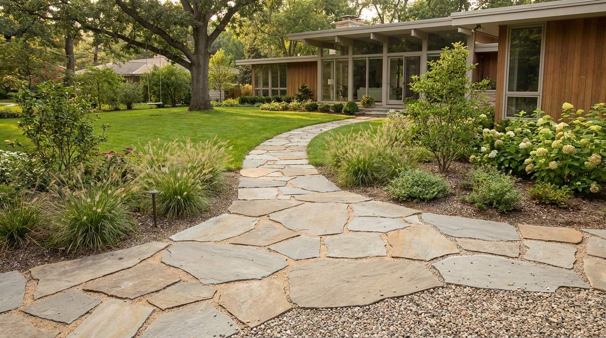 Natural flagstone pathway with irregular patterns, showcasing warm gray or tan tones that complement mid century modern architecture. The stones are laid with varying joint spacing - tighter for formal areas and wider for casual zones, filled with sand or fine gravel to prevent weeds while maintaining permeability.