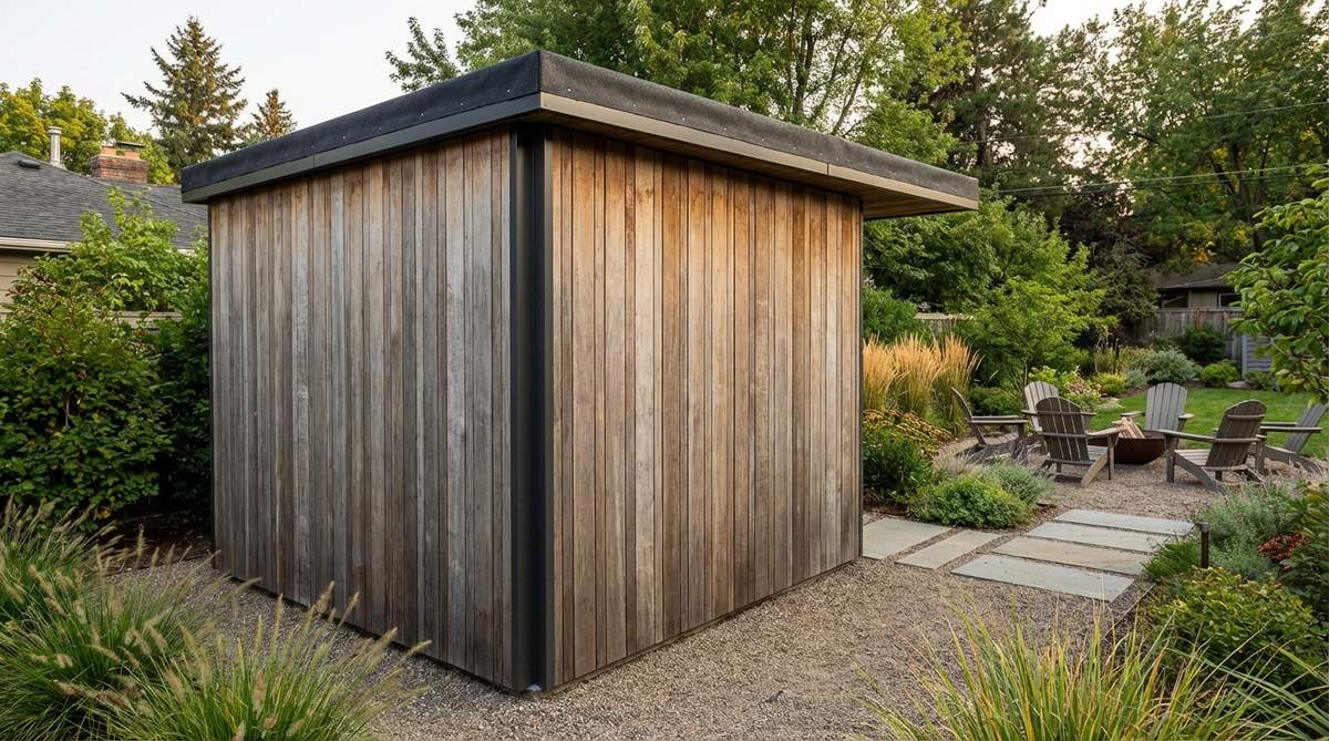 A contemporary garden shed with a flat-roof urban cube design, featuring pure geometric form as a perfect cube with minimal roof overhang. The flat roof uses high-performance membrane systems, eliminating traditional pitched-roof aesthetics. Interior spaces offer consistent ceiling height for flexible furniture arrangements and wall-mounted storage, with steel-reinforced construction recommended for handling snow loads up to 400 PSF in northern climates.