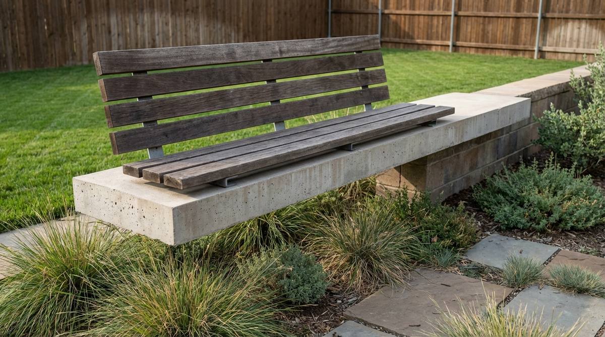 A modern garden bench featuring a floating cantilever concrete beam design. The bench includes a single poured concrete beam extending 6 feet with wood slats mounted on steel brackets, creating a suspended appearance. It is ideal for property lines with limited space, using reinforced concrete with steel rebar for structural support.