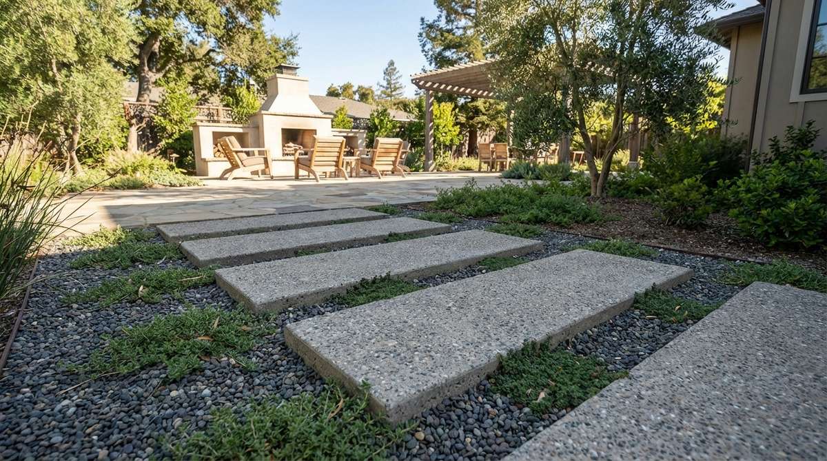 Rectangular concrete stepping stones floating above a gravel bed or low ground cover, with negative space between them adding lightness to the modern garden design. Positioned 18-24 inches apart for comfortable stride patterns, featuring aggregate finishes to prevent slipping in wet conditions.