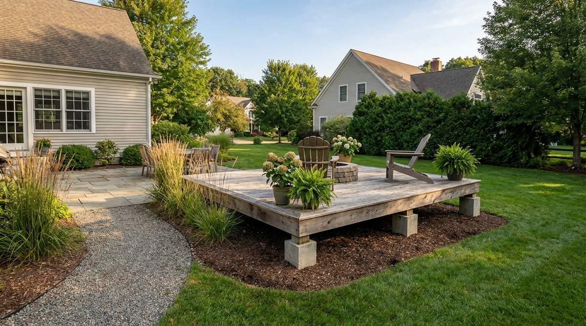 A freestanding deck platform set away from house walls, creating an independent lounging zone with visual separation. Built on concrete piers for stability, it features a 12-18 inch clearance around edges to emphasize the island concept, ideal for adding a distinct relaxation area in gardens with existing patios.