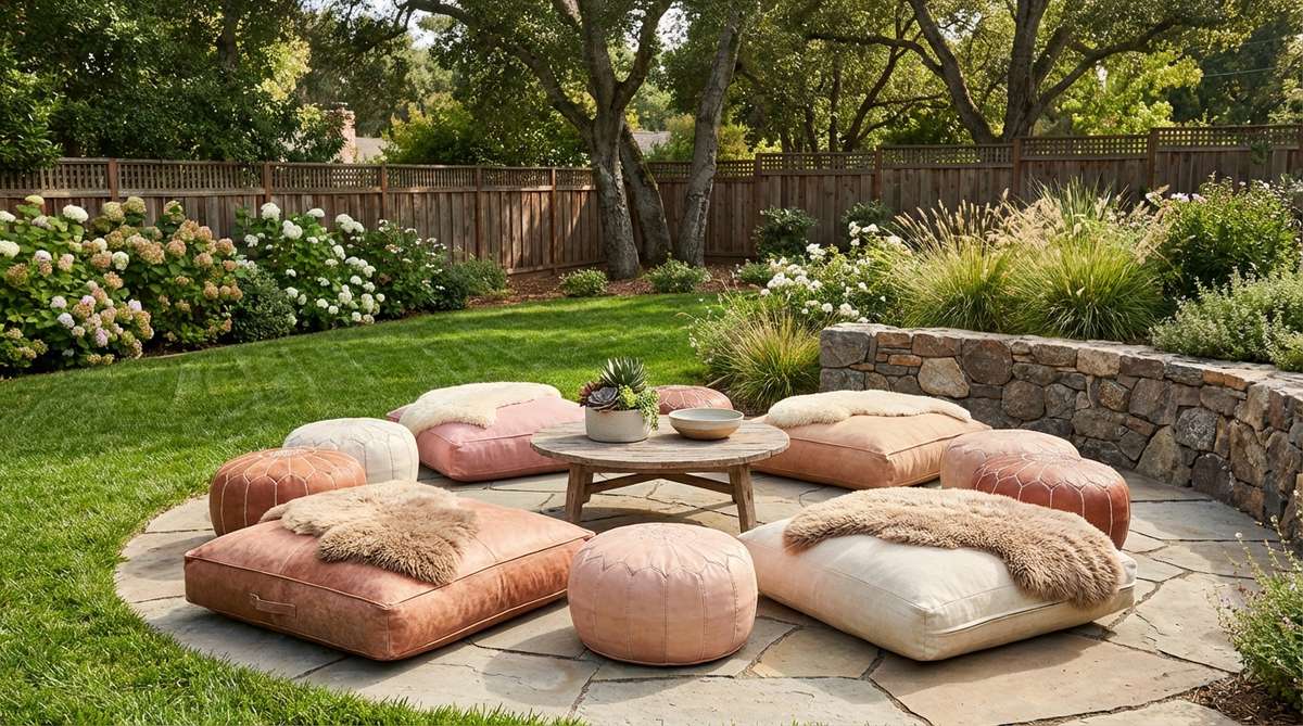 A circular arrangement of oversized floor cushions and poufs in boho colors like copper, blush pink, cream, and terracotta, surrounding a low table or decorative focal point, with sheepskin throws for texture, ideal for intimate gatherings and promoting interaction.