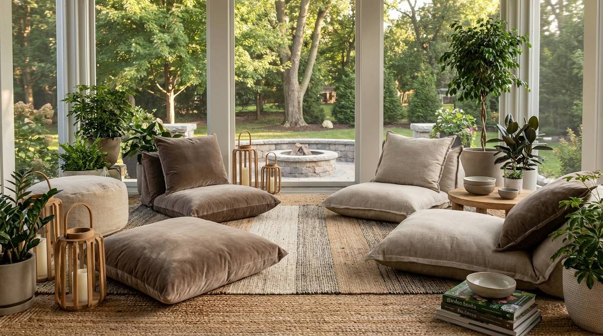 A relaxed, low seating arrangement with large floor cushions and poufs in a modern boho style, featuring mixed textures like velvet and linen on a layered rug base, ideal for cozy corners or near windows.