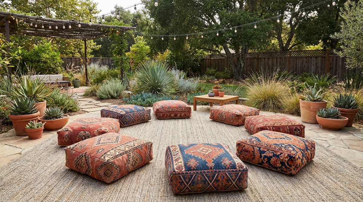 Oversized floor cushions arranged in a circle on an outdoor rug create an intimate conversation zone in a boho garden. The cushions feature varied patterns including Moroccan geometrics, tribal prints, and floral designs in weatherproof fabrics in terracotta, deep blue, and burnt orange colors.