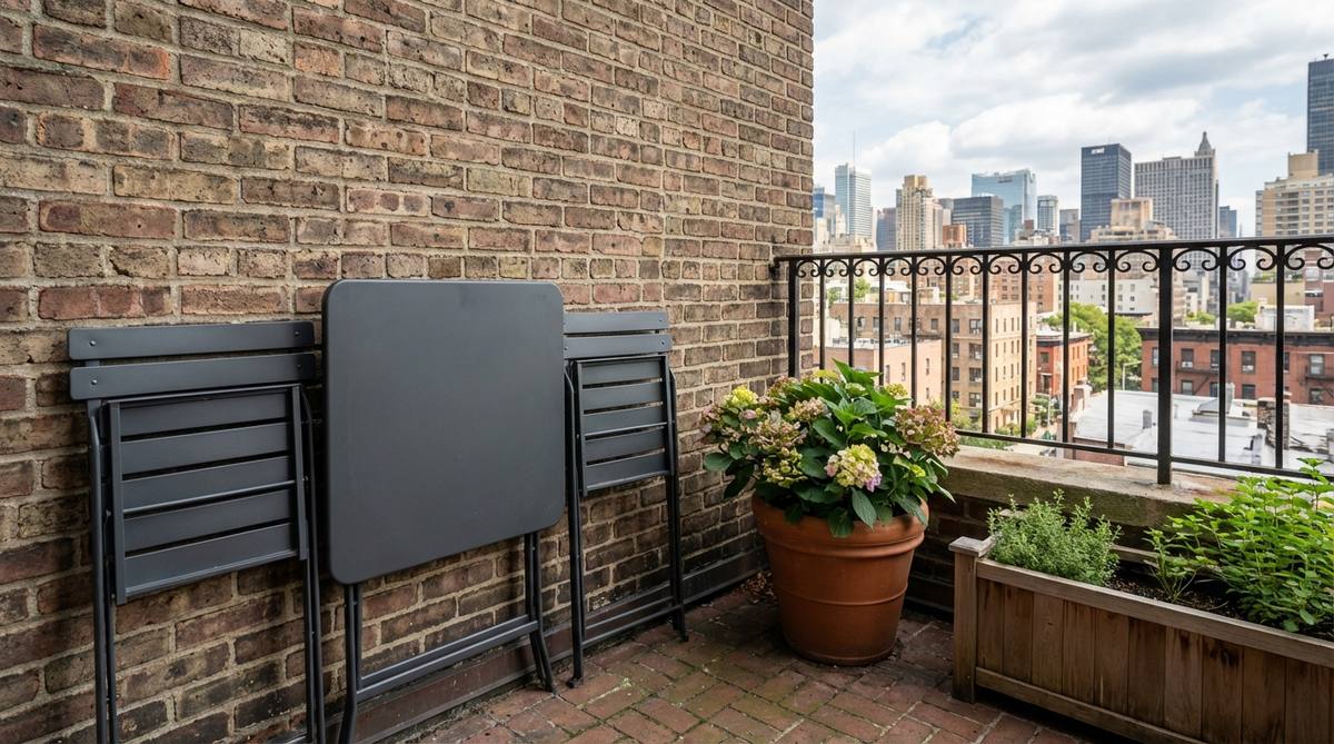 A folding square table with two slim-line chairs designed for small balconies, featuring powder-coated steel or aluminum construction with slatted seats and tabletops. When folded flat against the wall, the furniture minimizes visual clutter to highlight plants and skyline views, making it ideal for renters and outdoor use.