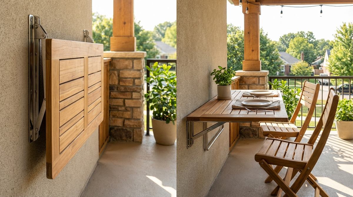 A teak wood folding wall-mounted table installed on a balcony, shown in both the folded-up position against the wall and extended for dining. The table features marine-grade stainless steel brackets and is paired with folding chairs, demonstrating how it converts balcony wall space into functional outdoor dining area that can be easily stored when not in use.