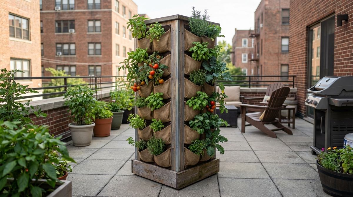 A vertical freestanding tower planter with multiple planting pockets, ideal for urban balcony gardens. It stands independently without wall attachment, offering mobility and deep soil pockets for growing vegetables and herbs in limited spaces.