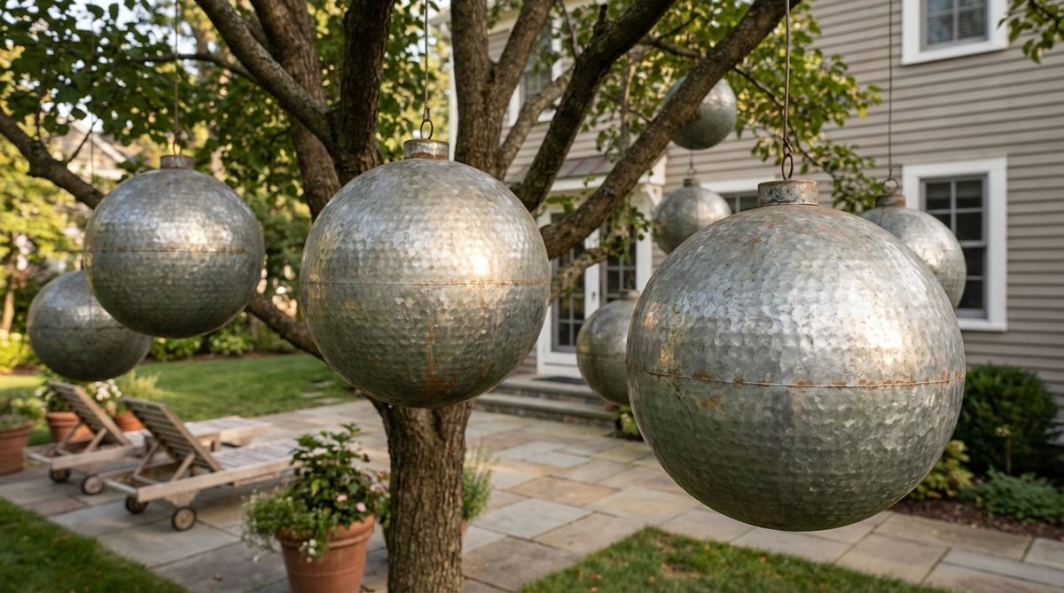 Close-up of galvanized metal baubles hanging on an outdoor tree, showcasing their reflective surfaces that catch sunlight during the day and amplify artificial lighting at night. These durable ornaments develop attractive patinas over time while resisting rust and corrosion, making them ideal for modern and industrial landscape themes.