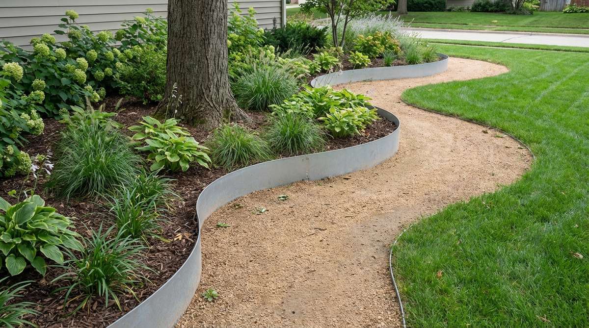 A modern garden edging solution featuring galvanized steel with a rust-resistant zinc coating. The flexible material bends easily around organic curves, following natural contours of flower beds and pathways. Shown installed with smooth transitions for mower wheels, ideal for sinuous borders around tree rings or island beds. The silver-gray finish provides neutral tones that blend seamlessly with garden landscapes.