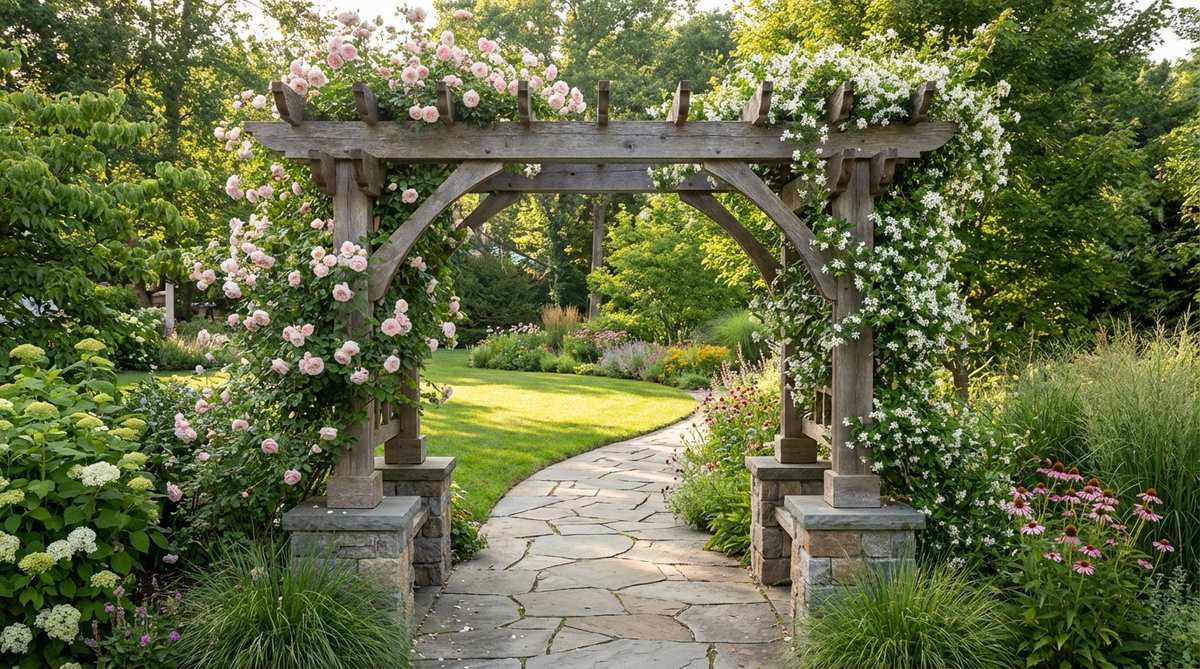 An arched garden arbor made of timber or metal, serving as a decorative entryway that frames views and directs foot traffic between garden areas, often adorned with climbing roses or jasmine for a fragrant and softened architectural appearance.